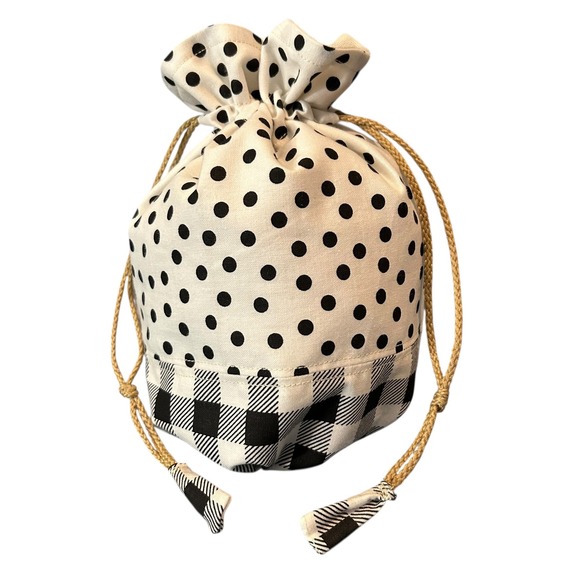 Handbags - Black White Polka Dot Buffalo Plaid Handmade Drawstring Pouch Bucket Bag NEW